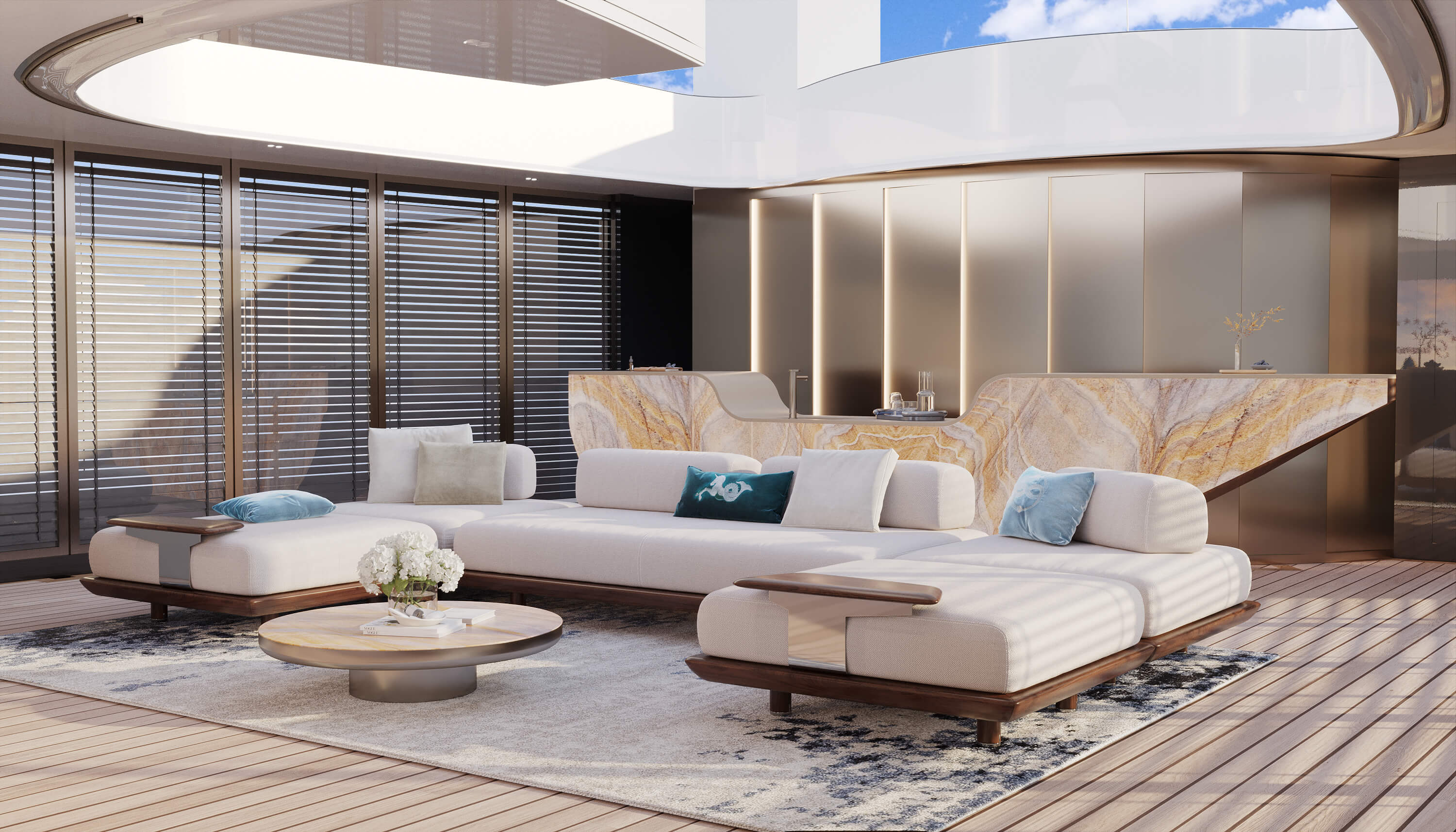 Romeo 55 motor yacht Pulina Exclusive Interiors Sun Deck Lounge